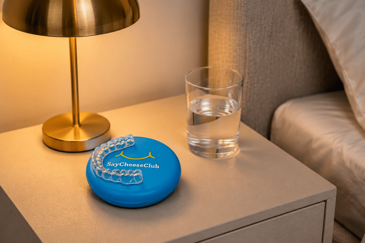 A blue dental retainer case labeled 