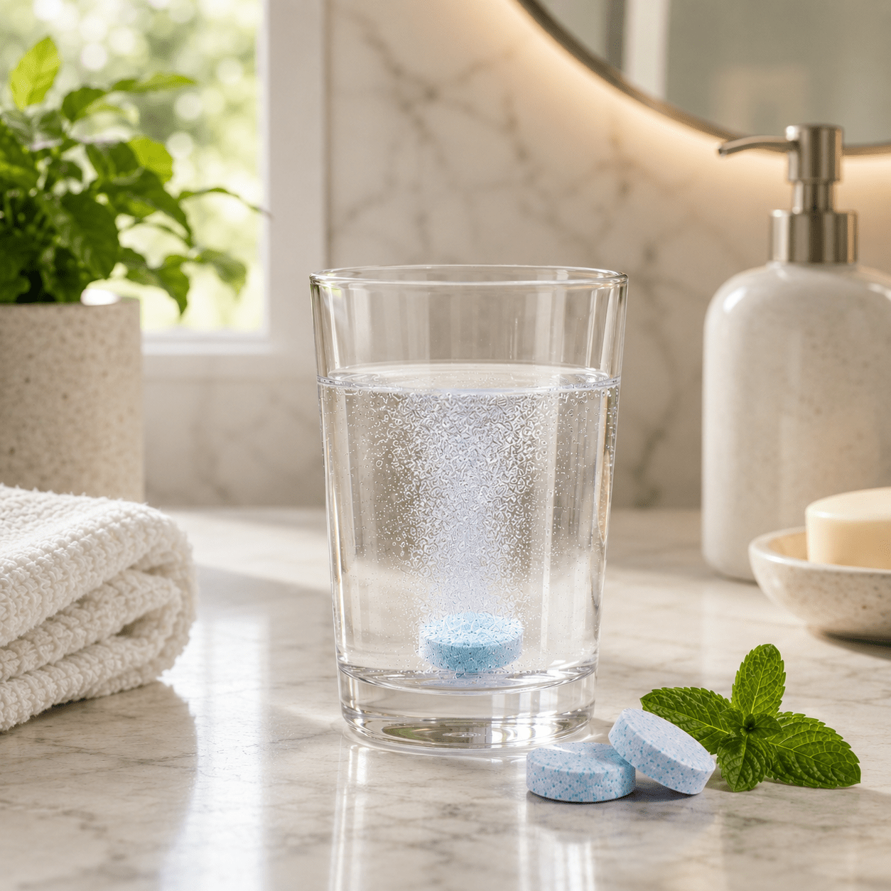 A clear glass tumbler filled with water on a marble bathroom counter, with a blue round bath or body tablet dissolving inside. Two more blue tablets rest in front, with mint leaves nearby, alongside a folded white towel, soap dispenser, and soap bar in a softly lit bathroom setting.