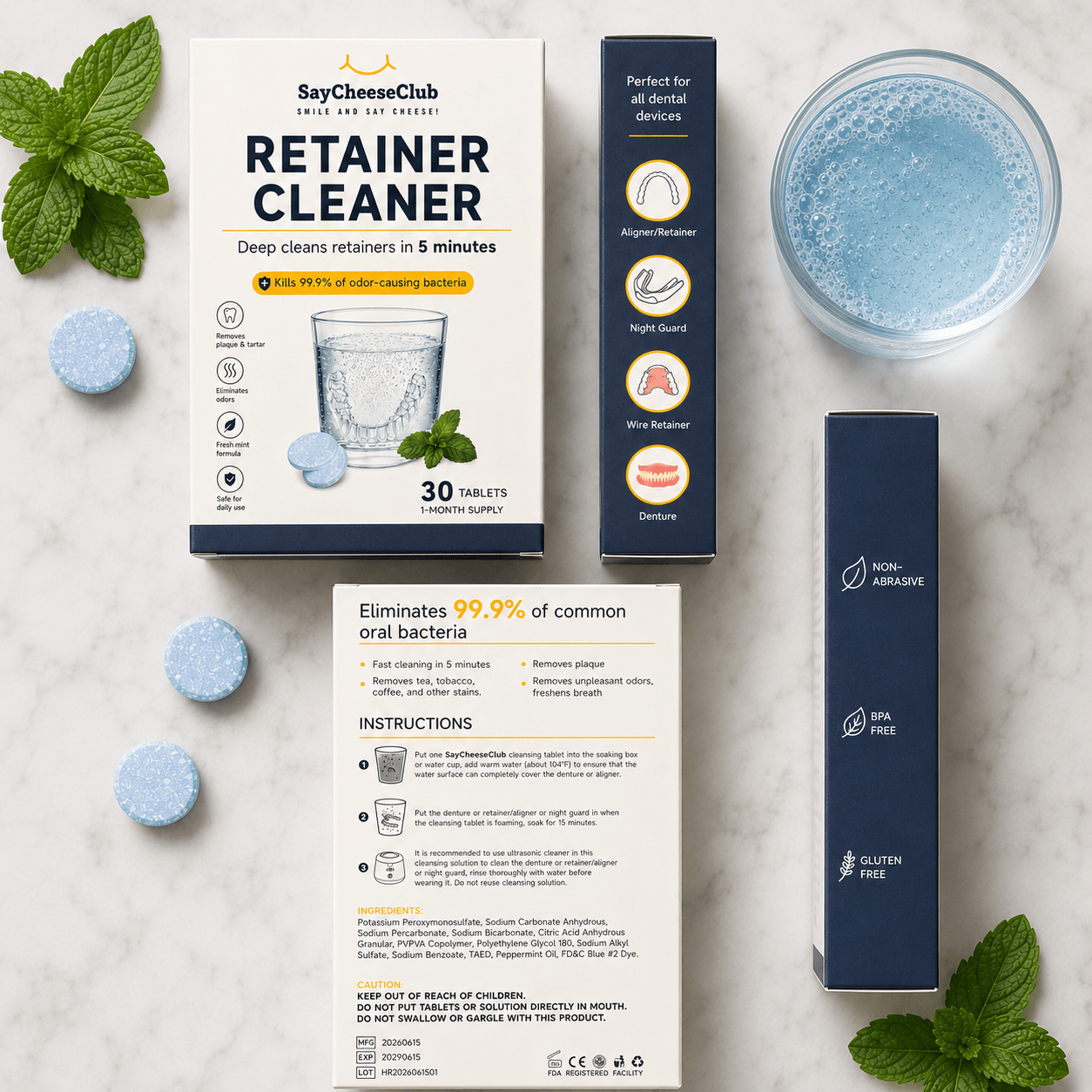 Cleaning tablets for dentures and clear retainers.